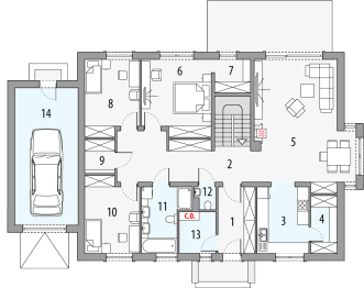 Projekt domu Katia b1g - rzut parteru, dom liczy 6 pokoje, 3 łazienki i wc