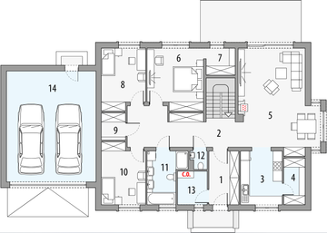 Projekt domu Katia b2g - rzut parteru, dom liczy 6 pokoje, 3 łazienki i wc