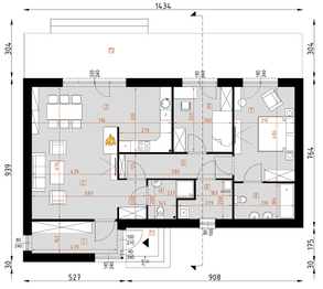 Projekt domu D193B - rzut parteru, dom liczy 2 pokoje, 2 łazienki i wc
