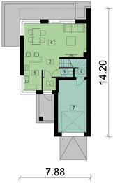 Projekt domu KA28 S - rzut parteru, dom liczy 3 pokoje, 2 łazienki i wc