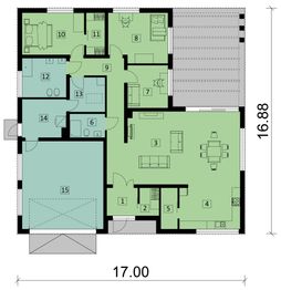 Projekt domu KA56 SZ - rzut parteru, dom liczy 3 pokoje, 2 łazienki i wc