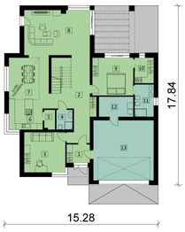 Projekt domu KA57 - rzut parteru, dom liczy 5 pokoje, 3 łazienki i wc