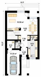 Projekt domu Limba W2 - rzut parteru, dom liczy 3 pokoje, 2 łazienki i wc