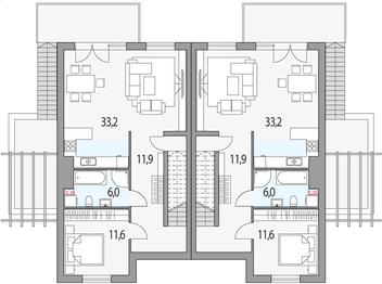 Piętro 1 projektu - Paweł i gaweł 1a - bliźniak dwulokalowy l+ll