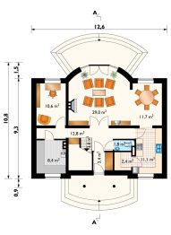 Projekt domu Akord (17) - rzut parteru, dom liczy 5 pokoje, 3 łazienki i wc