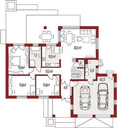 Projekt domu Evita Optima LUX - rzut parteru, dom liczy 5 pokoje, 3 łazienki i wc