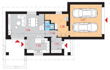 Projekt domu Reficio I G2 - rzut parteru, dom liczy 3 pokoje, 2 łazienki i wc