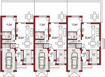 Projekt domu Adam szeregówka - rzut parteru, dom liczy 4 pokoje, 2 łazienki i wc