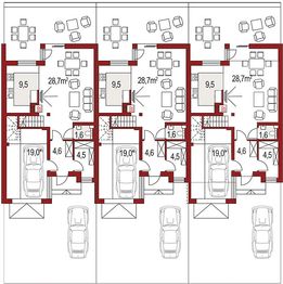Projekt domu Andrzej szeregówka - rzut parteru, dom liczy 3 pokoje, 1 łazienki i wc