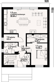 Projekt domu Grochowice 55m - rzut parteru, dom liczy 4 pokoje, 3 łazienki i wc