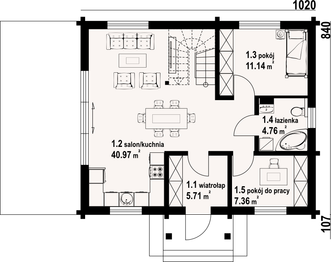 Projekt domu Paczków 55dw - rzut parteru, dom liczy 6 pokoje, 2 łazienki i wc