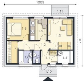 Projekt domu Kos LMB146 - rzut parteru, dom liczy 1 pokoje, 2 łazienki i wc