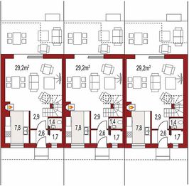 Projekt domu Katrina szeregówka - rzut parteru, dom liczy 4 pokoje, 2 łazienki i wc