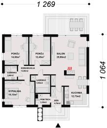 Projekt domu TK118 - rzut parteru, dom liczy 3 pokoje, 2 łazienki i wc
