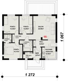 Projekt domu TK134D - rzut parteru, dom liczy 3 pokoje, 2 łazienki i wc