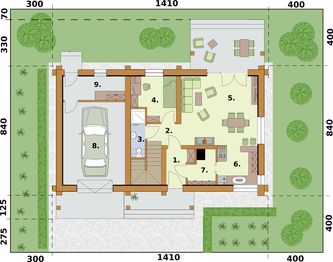 Projekt domu Sevilla 3A bale drewniane z pojedynczym garażem - rzut parteru, dom liczy 4 pokoje, 2 łazienki i wc