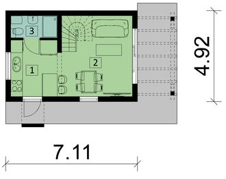 Projekt domu letniskowego KA146 SZ - rzut parteru, dom liczy 2 pokoje, 1 łazienki i wc