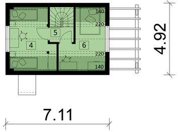 Projekt domu letniskowego KA146 SZ - rzut poddasza, dom liczy 2 pokoje, 1 łazienki i wc
