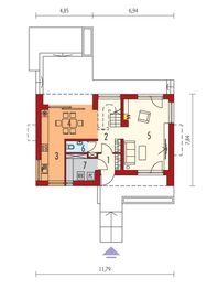 Projekt domu E11 reco energo plus - rzut parteru, dom liczy 3 pokoje, 2 łazienki i wc