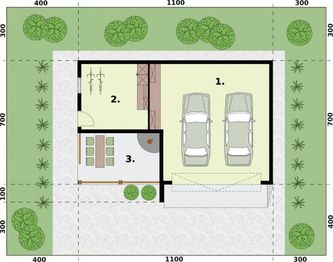 Parter projektu - G314A garaż dwustanowiskowy z pomieszczeniem gospodarczym i werandą