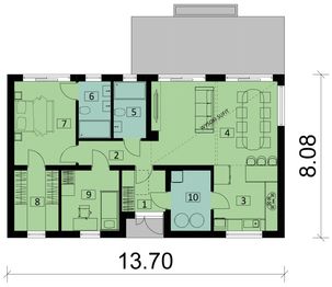 Projekt domu KA220 SZ - rzut parteru, dom liczy 2 pokoje, 2 łazienki i wc