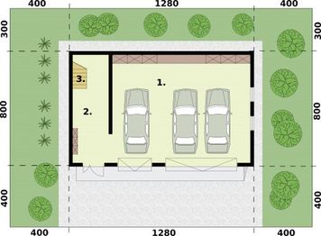Parter projektu - G355 garaż trzystanowiskowy z pom. gospodarczym i poddaszem użytkowym
