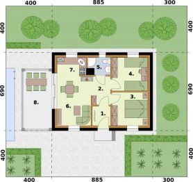 Projekt domu Lens 2 C szkielet drewniany dom mieszkalny, całoroczny - rzut parteru, dom liczy 2 pokoje, 1 łazienki i wc