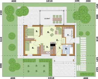 Projekt domu letniskowego Miami 2 szkielet drewniany dom letniskowy - rzut parteru, dom liczy 2 pokoje, 1 łazienki i wc
