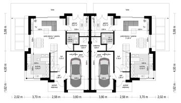 Projekt domu Qubik 3 wariant B - rzut parteru, dom liczy 10 pokoje, 6 łazienki i wc
