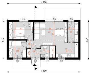 Projekt domu DM1 - wersja drewniana - rzut parteru, dom liczy 2 pokoje, 1 łazienki i wc