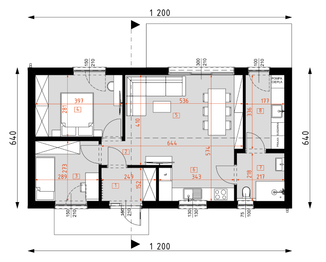 Projekt domu DM2 wersja drewniana - rzut parteru, dom liczy 2 pokoje, 1 łazienki i wc