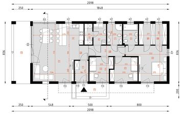 Projekt domu D322D wersja drewniana - rzut parteru, dom liczy 3 pokoje, 2 łazienki i wc