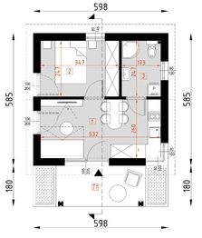 Projekt domu D315D - wersja drewniana - rzut parteru, dom liczy 1 pokoje, 1 łazienki i wc