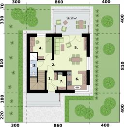 Projekt domu Sevilla 4 - na zgłoszenie do 70m2 pompa ciepła, wentylacja mechaniczna z rekup. - rzut parteru, dom liczy 4 pokoje, 2 łazienki i wc