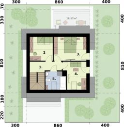 Projekt domu Sevilla 4 - na zgłoszenie do 70m2 pompa ciepła, wentylacja mechaniczna z rekup. - rzut poddasza, dom liczy 4 pokoje, 2 łazienki i wc