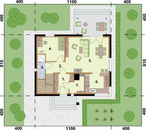 Projekt domu Samos szkielet drewniany - rzut parteru, dom liczy 4 pokoje, 2 łazienki i wc