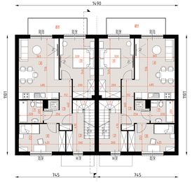 Piętro 1 projektu - D424A - zabudowa bliźniacza - segmenty dwulokalowe
