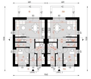Projekt domu D425A - Zabudowa bliźniacza - rzut parteru, dom liczy 8 pokoje, 5 łazienki i wc