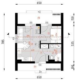 Projekt domu letniskowego D434 - wersja drewniana - rzut parteru, dom liczy 1 pokoje, 1 łazienki i wc