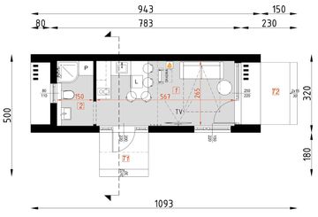Projekt domu letniskowego D435 - wersja drewniana - rzut parteru, dom liczy 0 pokoje, 1 łazienki i wc