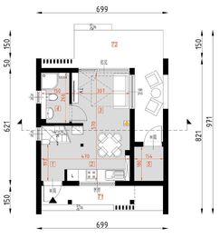 Projekt domu D433 - wersja drewniana - rzut parteru, dom liczy 2 pokoje, 2 łazienki i wc