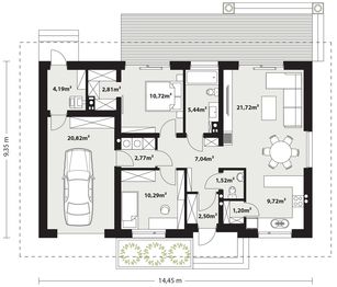 Projekt domu Galia 2 - rzut parteru, dom liczy 2 pokoje, 2 łazienki i wc