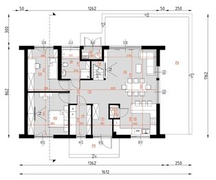 Projekt domu D445 - wersja drewniana - rzut parteru, dom liczy 2 pokoje, 1 łazienki i wc