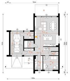 Projekt domu D444 wersja drewniana - rzut parteru, dom liczy 4 pokoje, 3 łazienki i wc