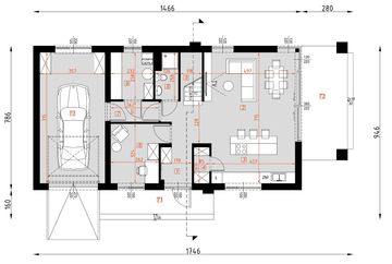 Projekt domu D448B - rzut parteru, dom liczy 5 pokoje, 2 łazienki i wc