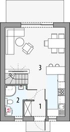 Projekt domu Mewa 2 - rzut parteru, dom liczy 3 pokoje, 2 łazienki i wc
