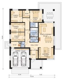 Projekt domu APS 401 wariant 5 - rzut parteru, dom liczy 4 pokoje, 3 łazienki i wc
