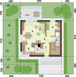 Projekt domu Santorini 2 szkielet drewniany - rzut parteru, dom liczy 4 pokoje, 2 łazienki i wc