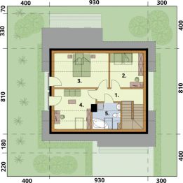 Projekt domu Santorini 2 szkielet drewniany - rzut poddasza, dom liczy 4 pokoje, 2 łazienki i wc