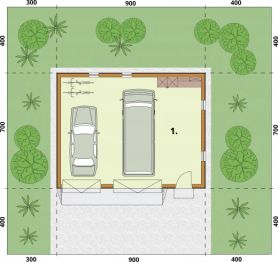Projekt garażu G1B szkielet drewniany garaż dwustanowiskowy - rzut parteru, dom liczy 0 pokoje, 0 łazienki i wc